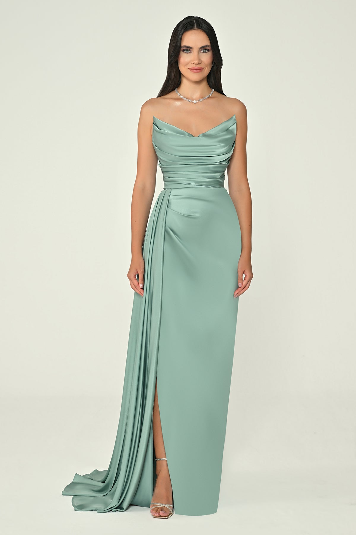 Boat Neck Satin Dress - Maxi - Multicolor