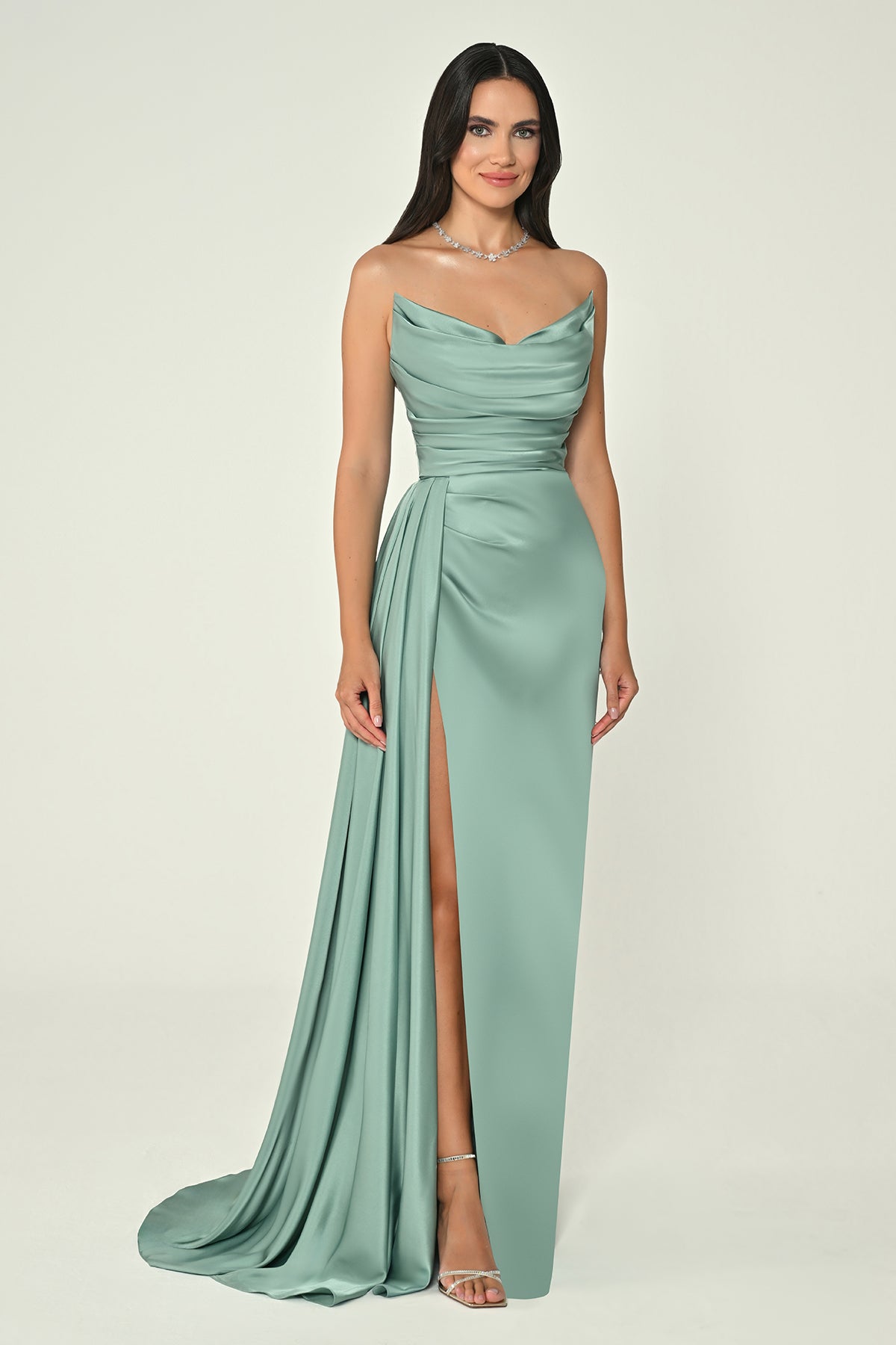 Boat Neck Satin Dress - Maxi - Multicolor
