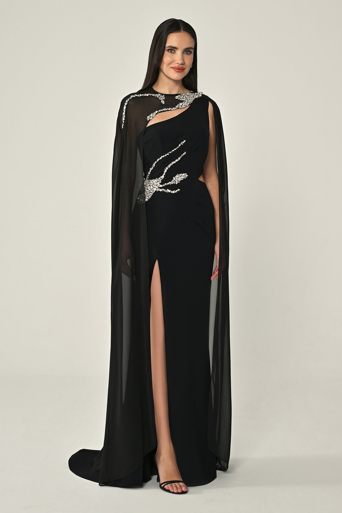 Cape Embroidered Dress - Maxi - Black