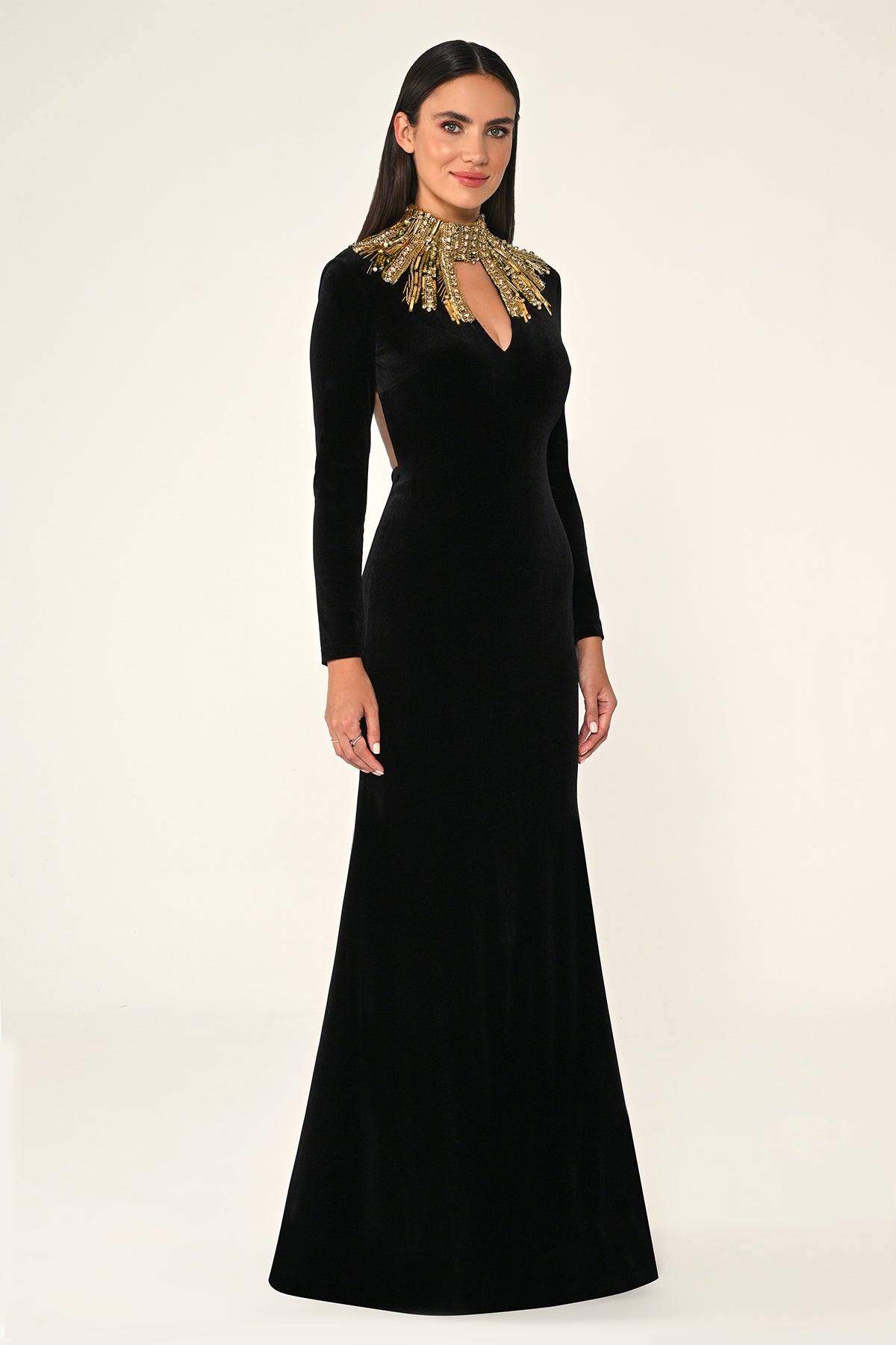 Golden Collar Velvet Dress - Maxi - Black