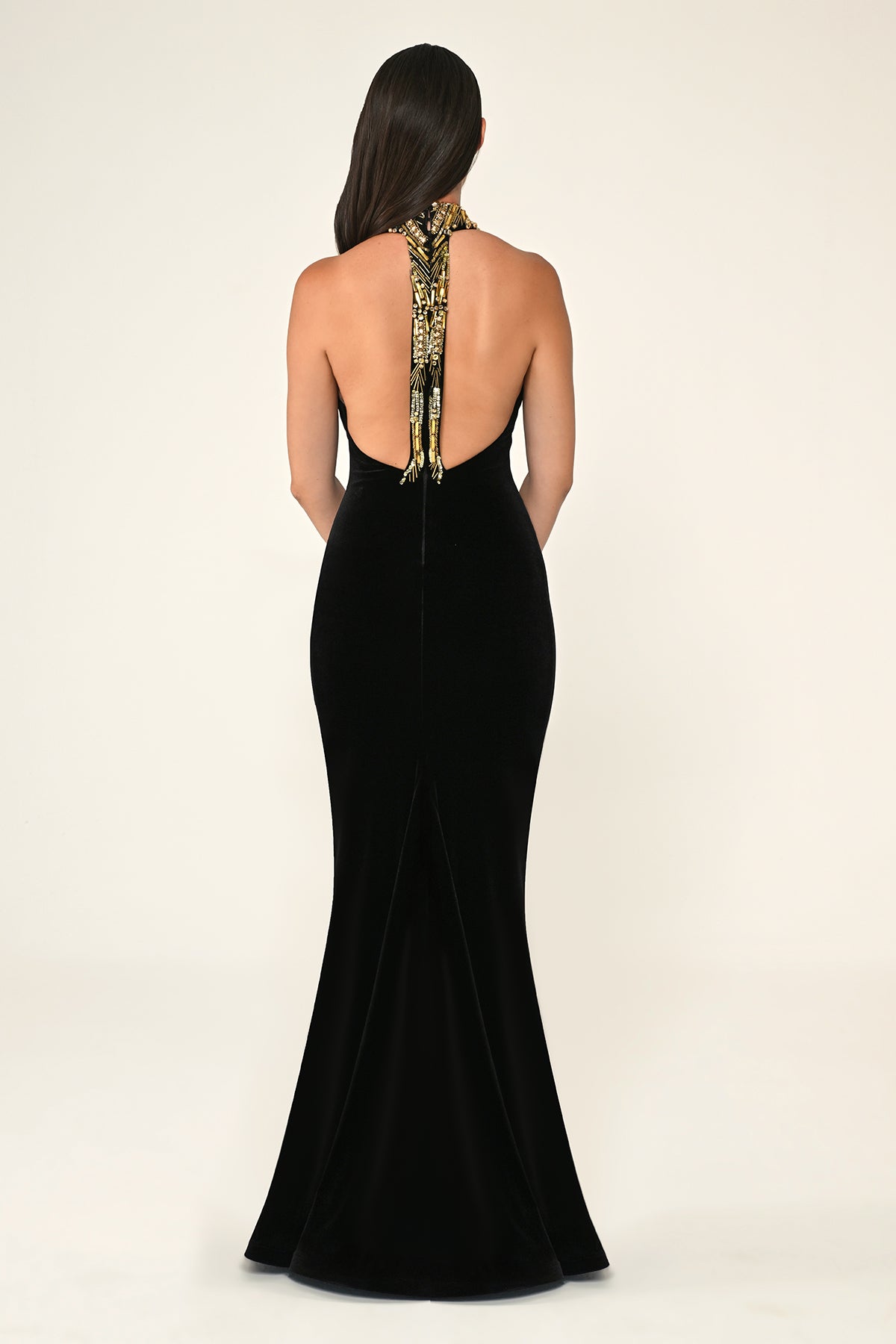 Golden Halter Velvet Dress - Maxi - Black