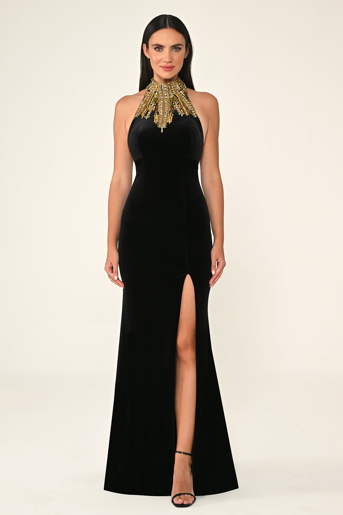 Golden Halter Velvet Dress - Maxi - Black