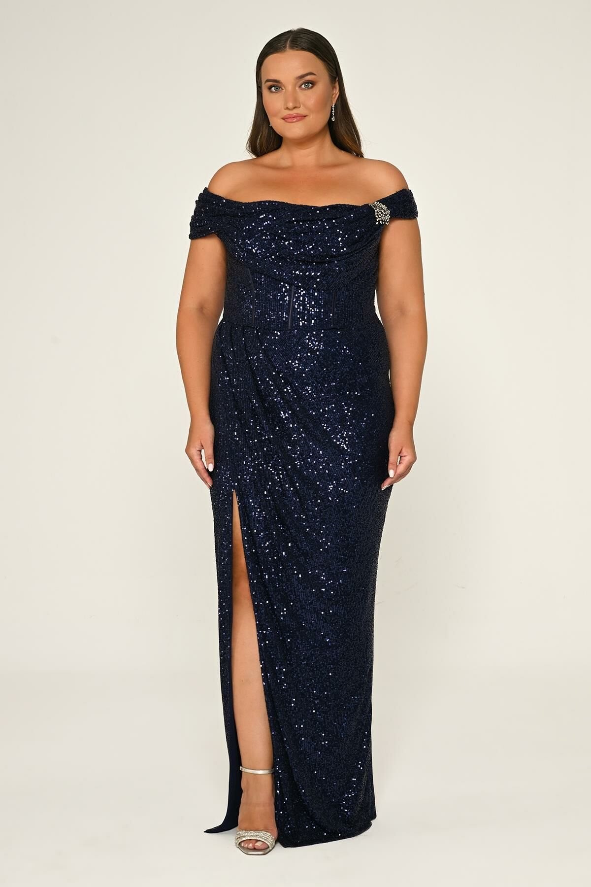 Plus Size - Off Shoulder Sequin Maxi Dress - Multicolor