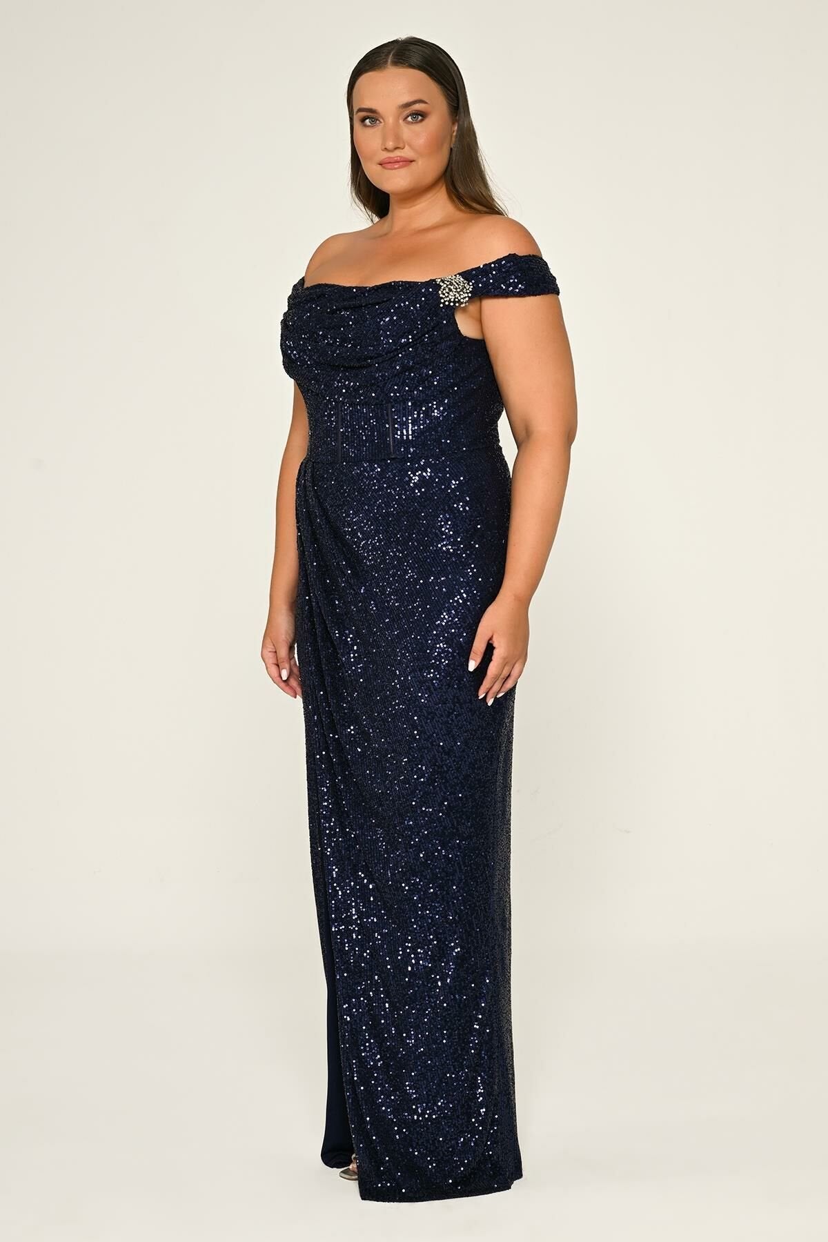 Plus Size - Off Shoulder Sequin Maxi Dress - Multicolor
