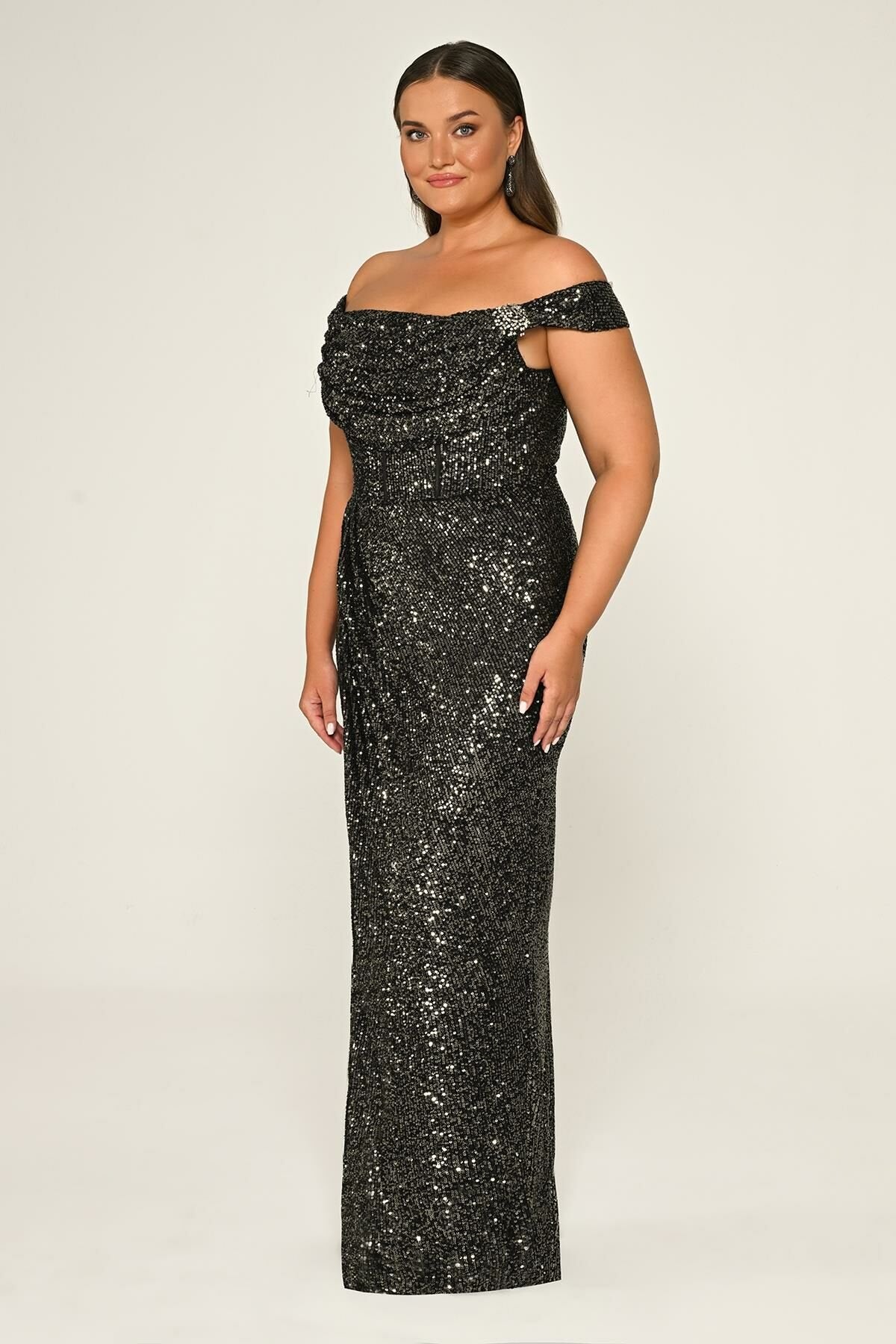 Plus Size - Off Shoulder Sequin Maxi Dress - Multicolor