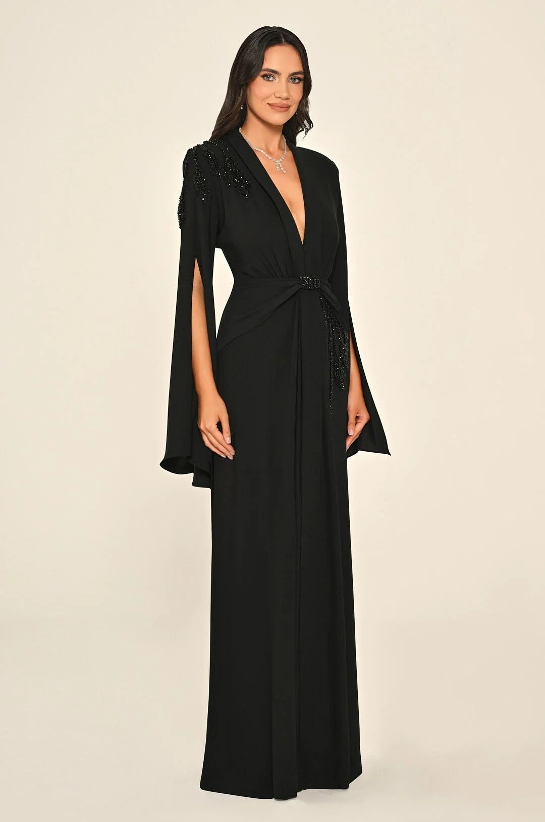 Aveline Noir Cape-Sleeve Maxi Dress | Elegant Evening Wear MOU & YE MOU & YE Aveline Noir Cape-Sleeve Maxi Dress | Elegant Evening Wear MOU & YE MOU & YE