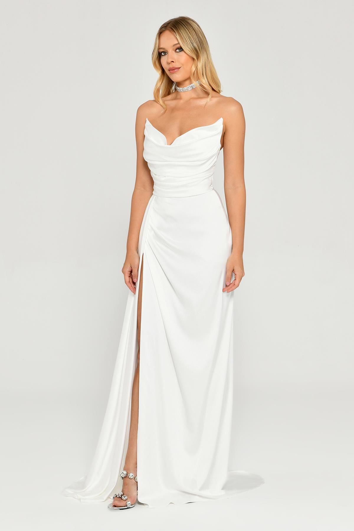 Boat Neck Satin Dress - Maxi - Multicolor