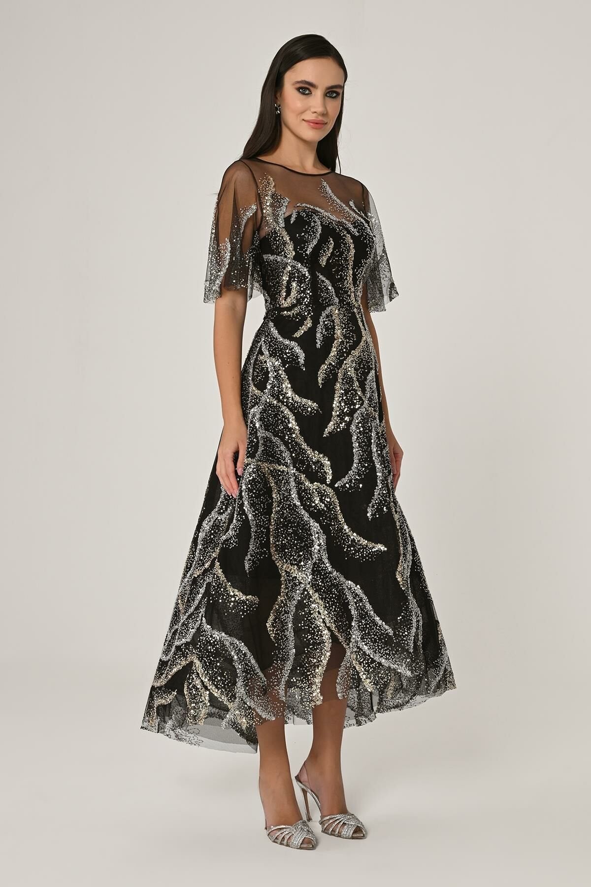 Sequin Tulle Midi Dress - Multicolor