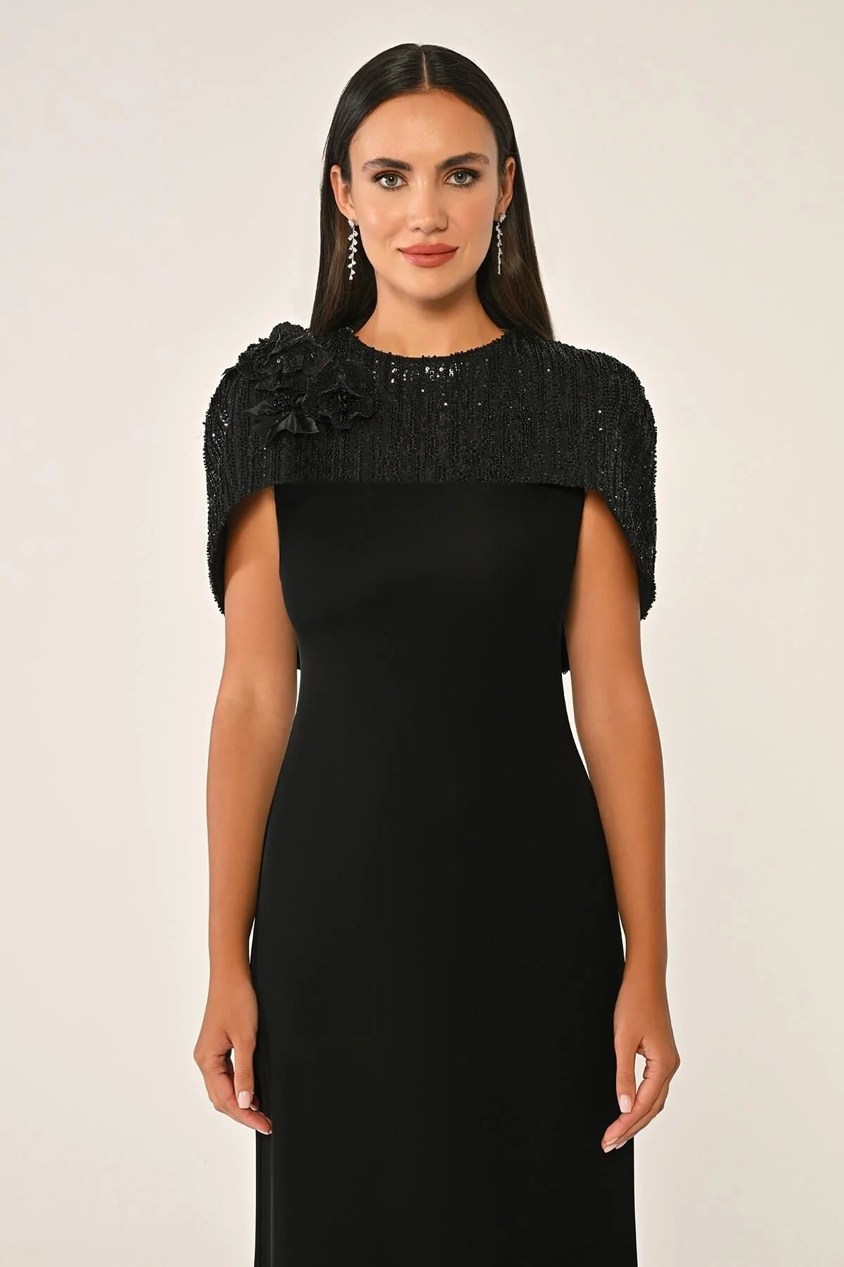 Cape Sleeve Dress - Maxi - Black