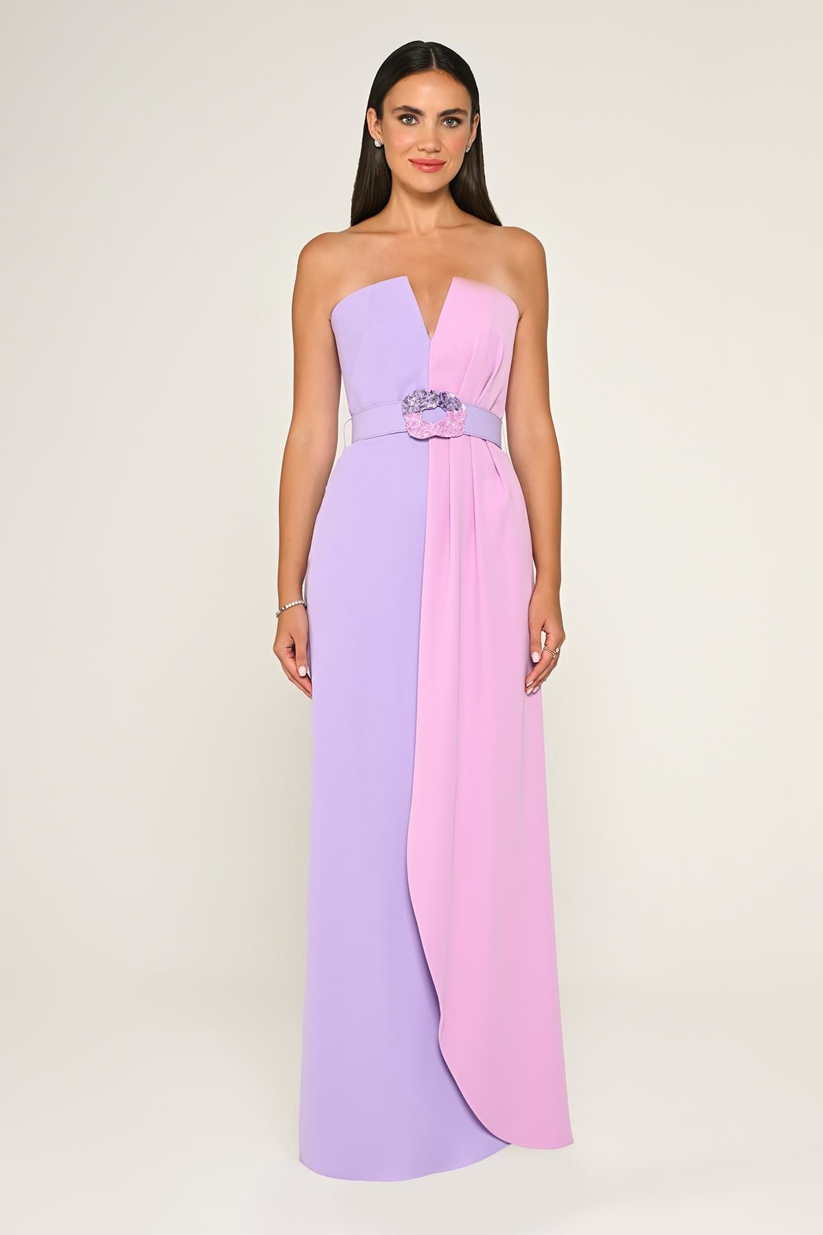 Belt Crepe Dress - Maxi - Multicolor