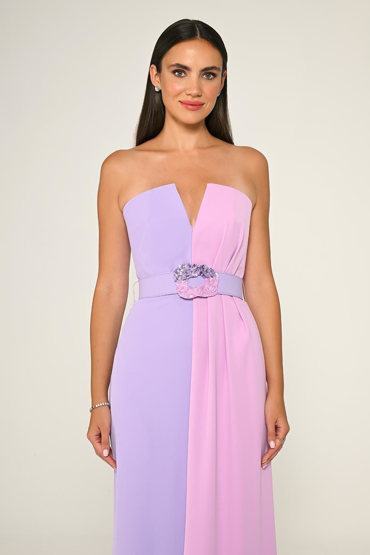 Belt Crepe Dress - Maxi - Multicolor
