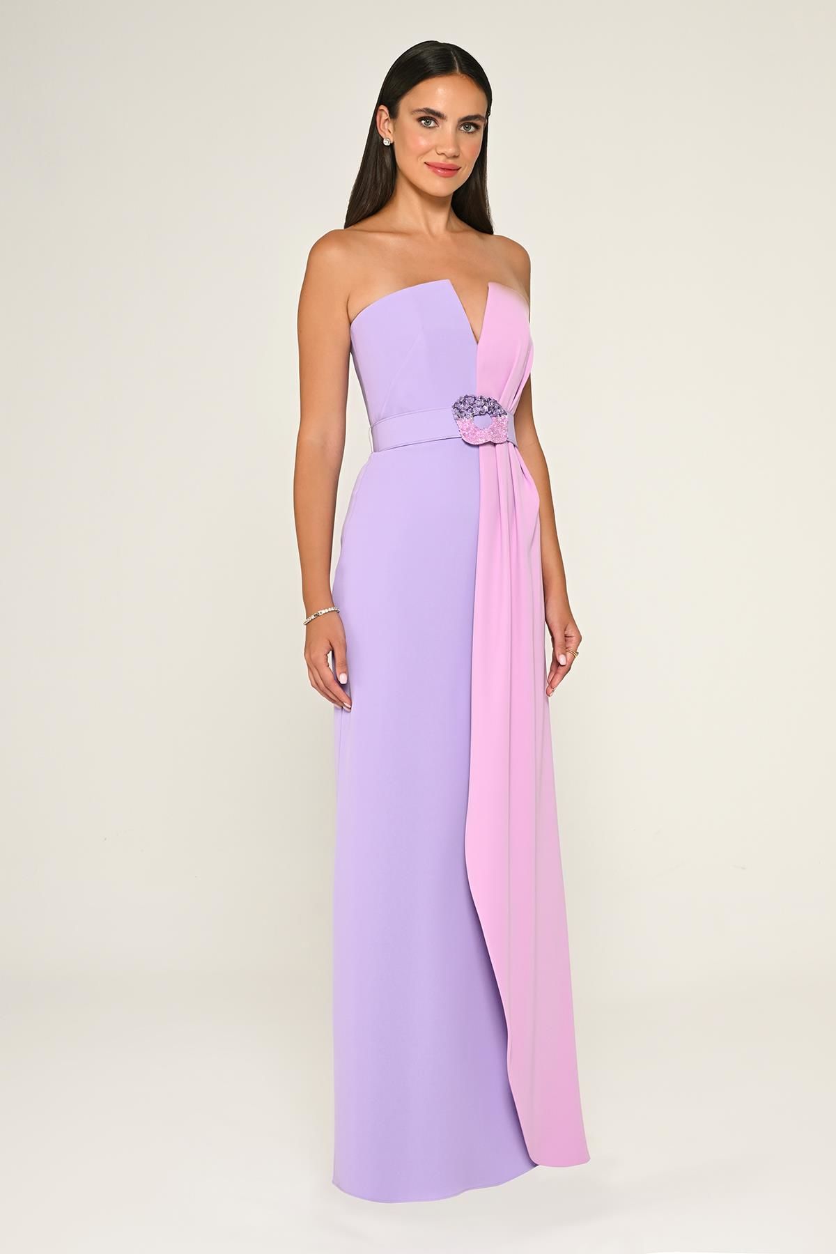 Belt Crepe Dress - Maxi - Multicolor