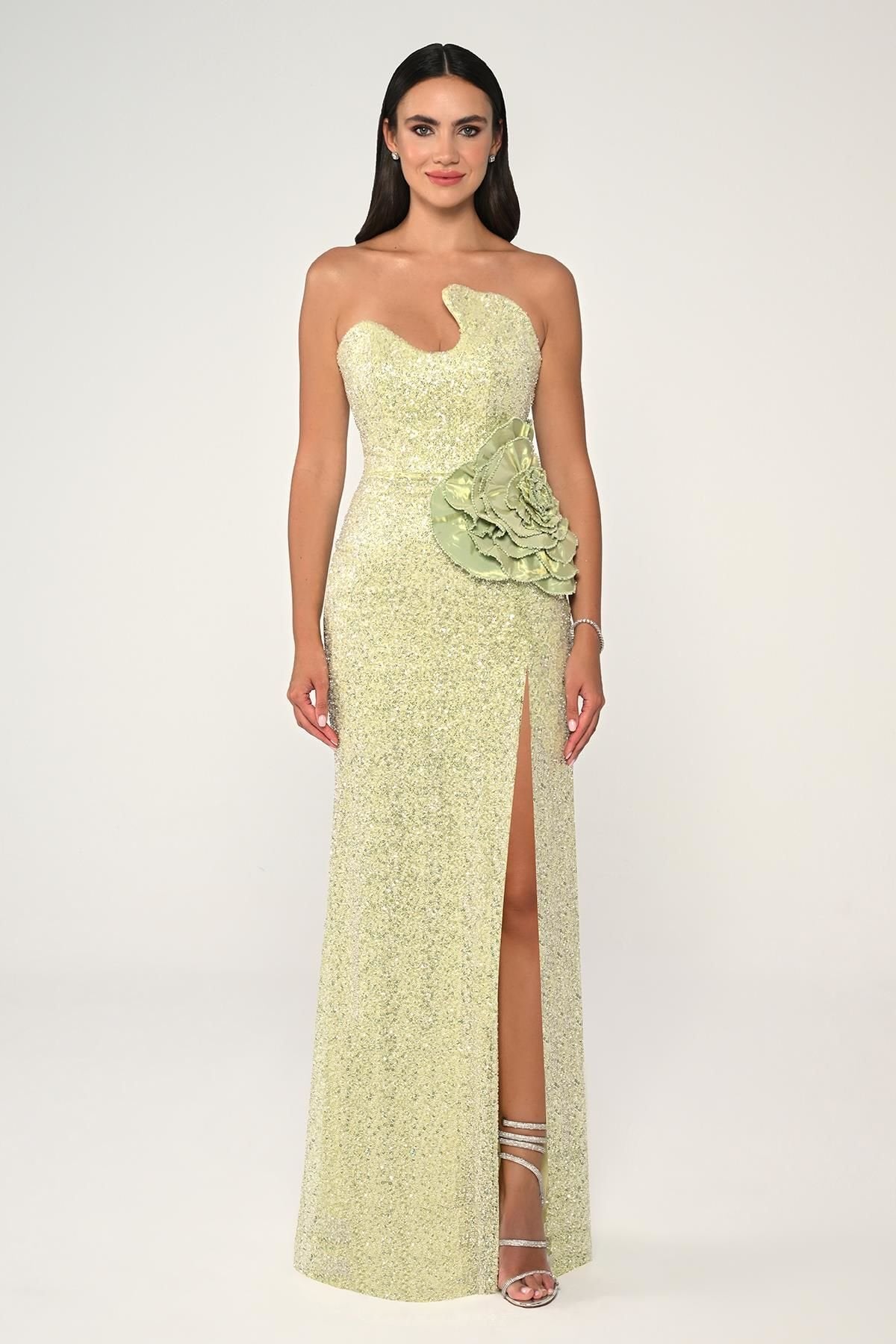 Strapless Asymmetrical Sequin Maxi Dress - Multicolor
