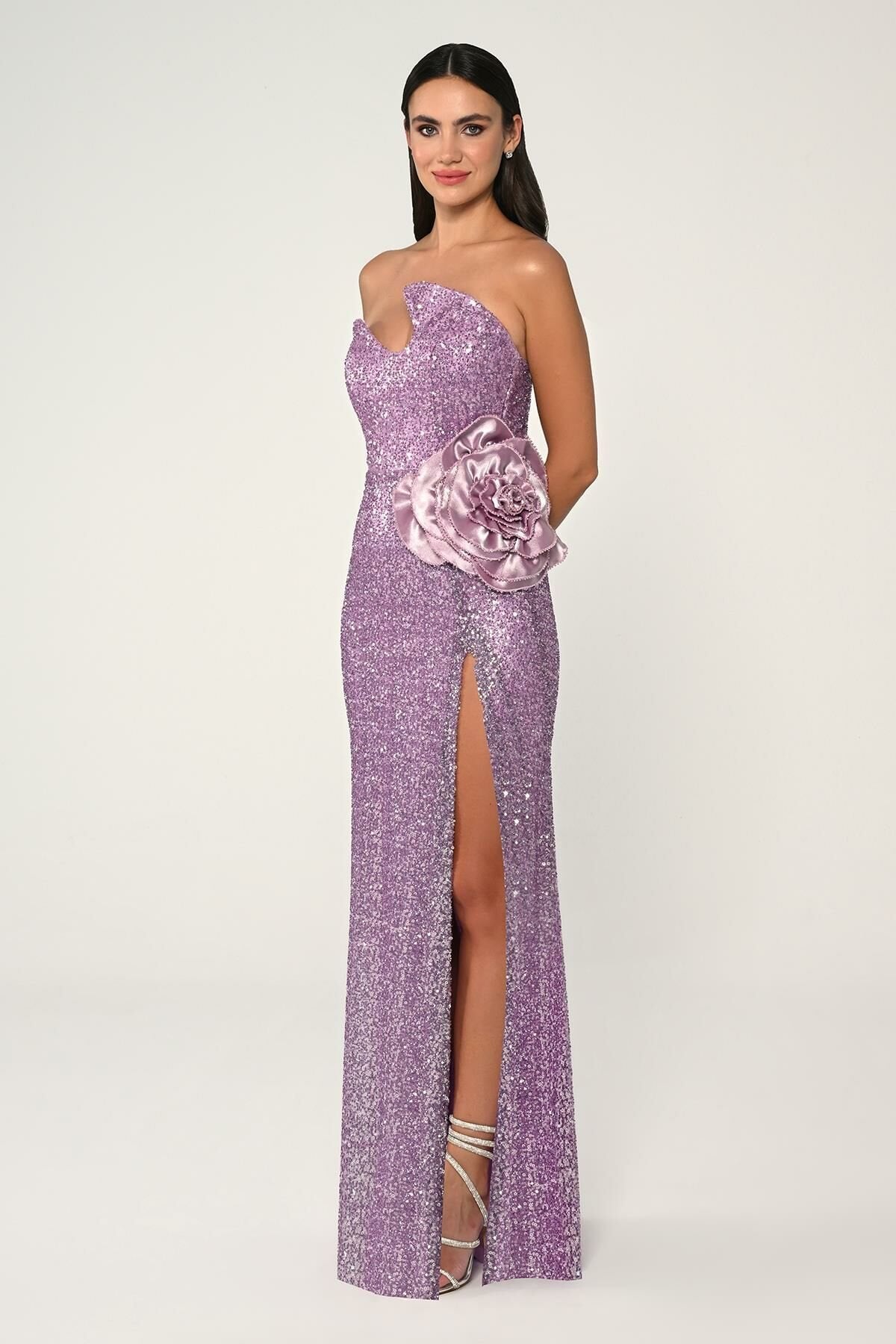Strapless Asymmetrical Sequin Maxi Dress - Multicolor