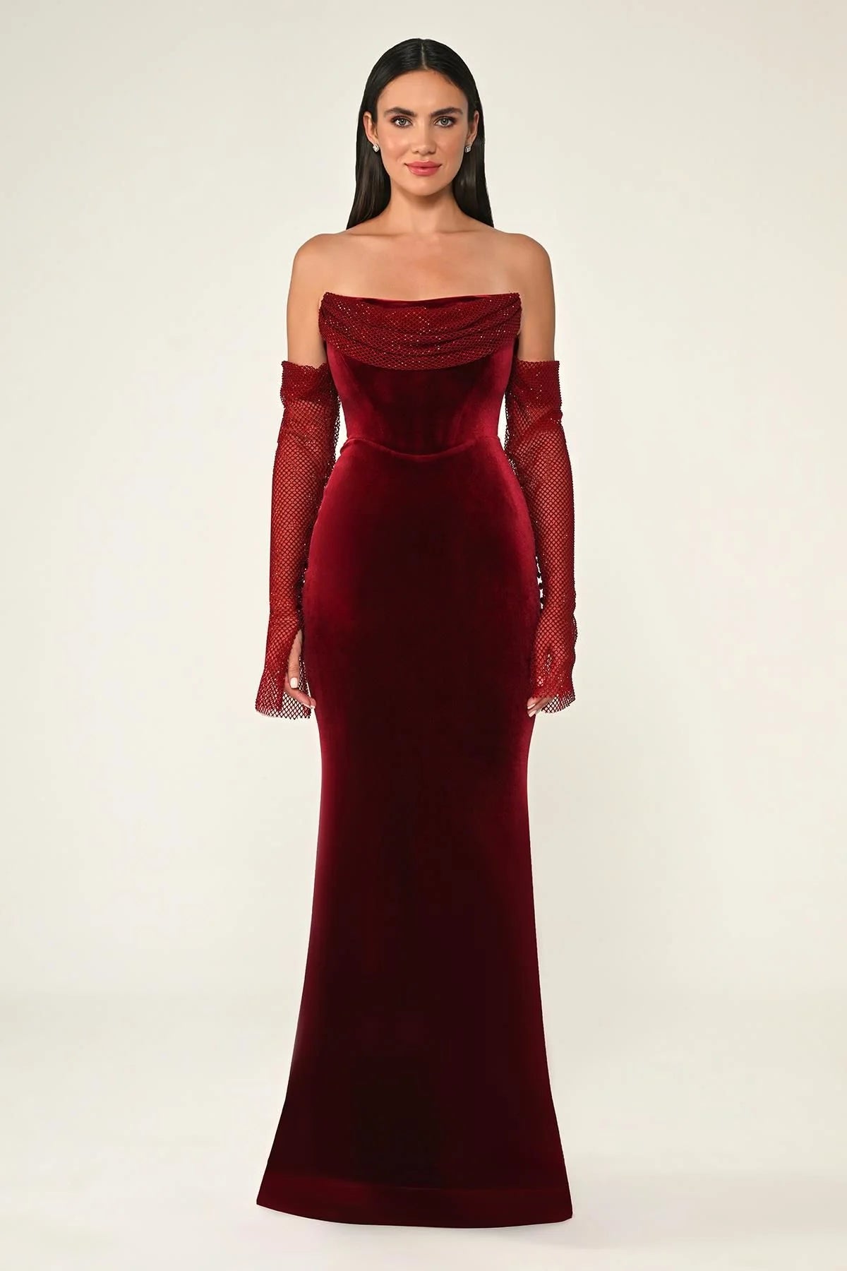 Stone Fishnet Velvet Dress - Maxi - Maroon