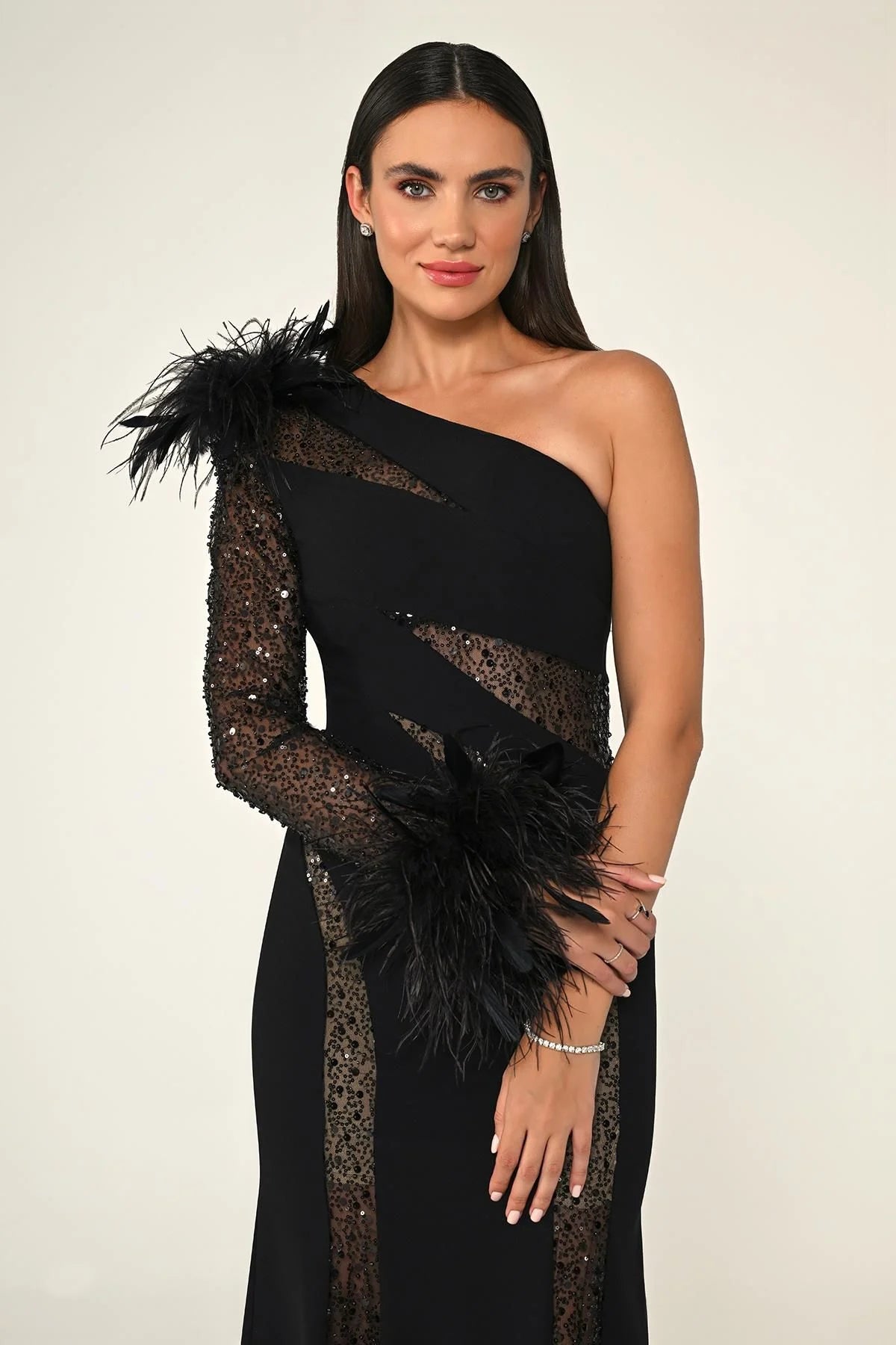 One Shoulder Feathered Sequin Dress - Maxi - Black