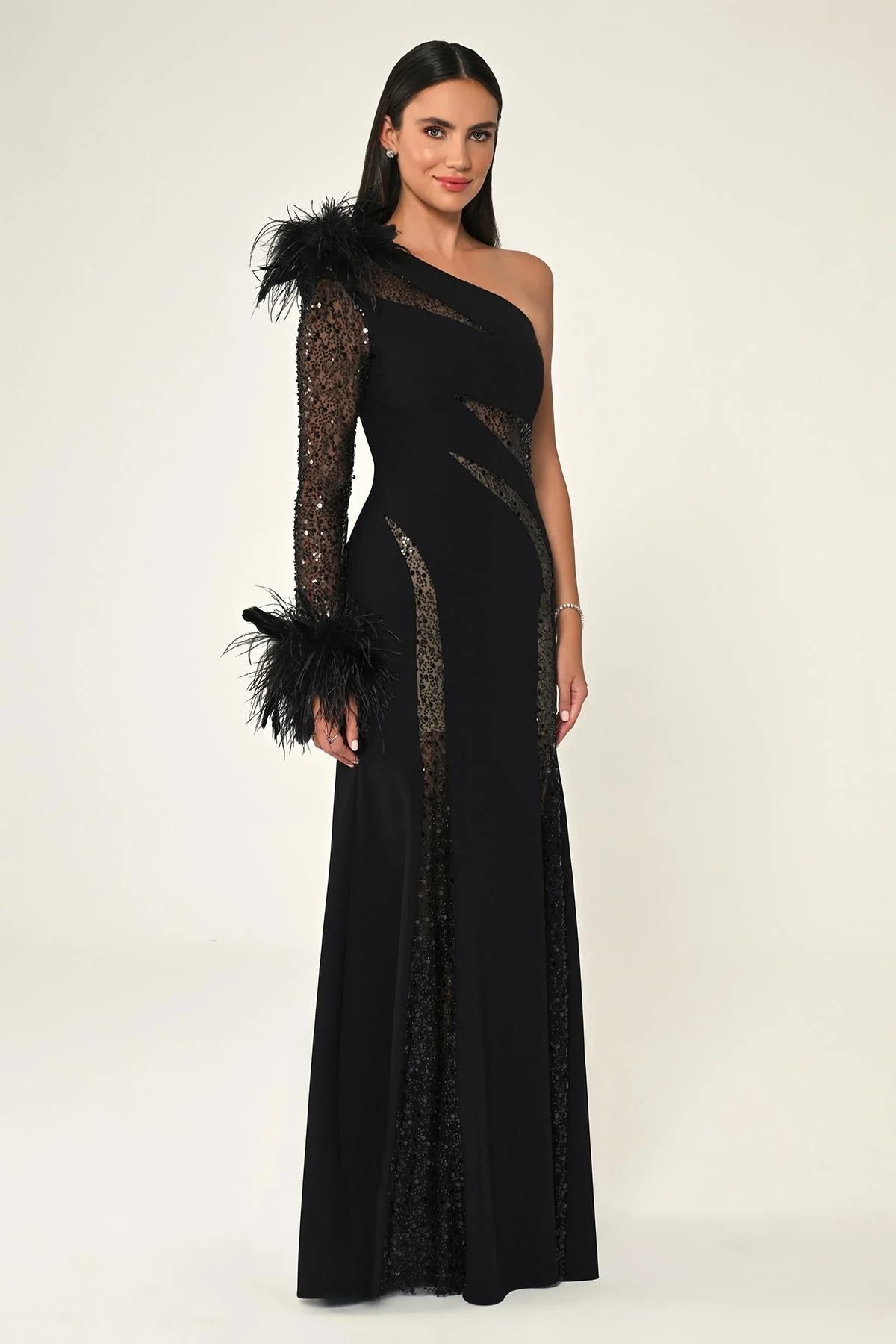 One Shoulder Feathered Sequin Dress - Maxi - Black