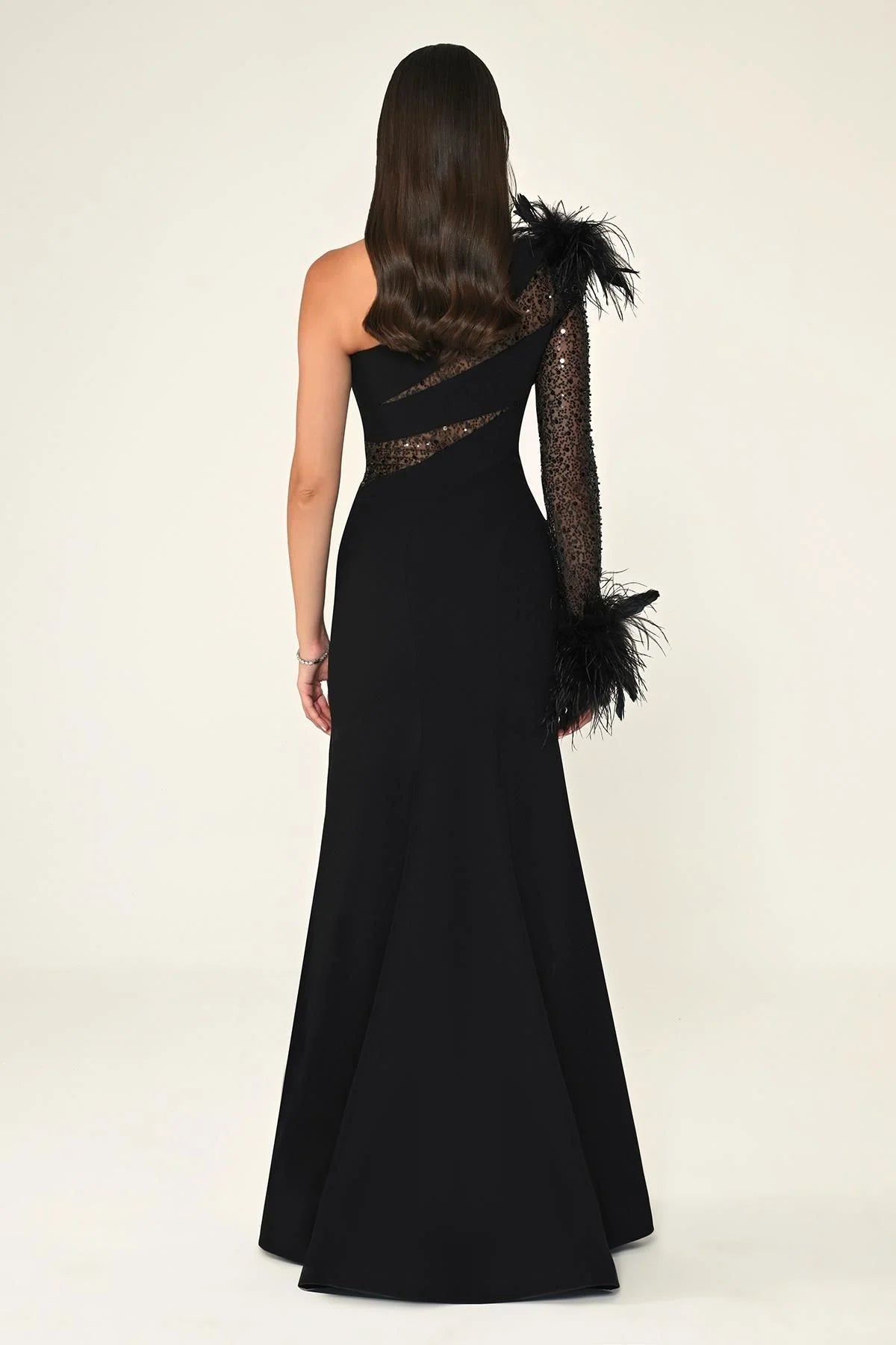 One Shoulder Feathered Sequin Dress - Maxi - Black