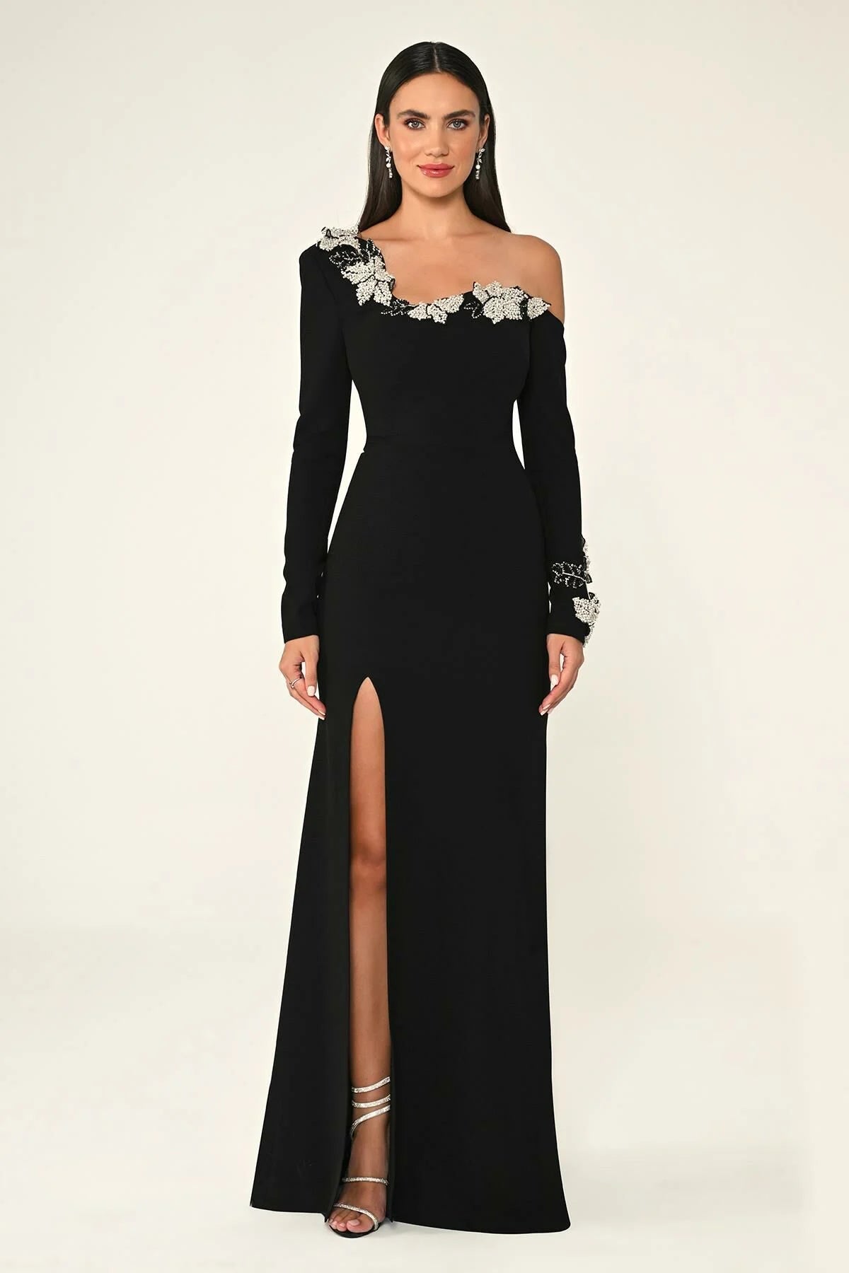 Silver Flowers Crepe Dress - Maxi - Black