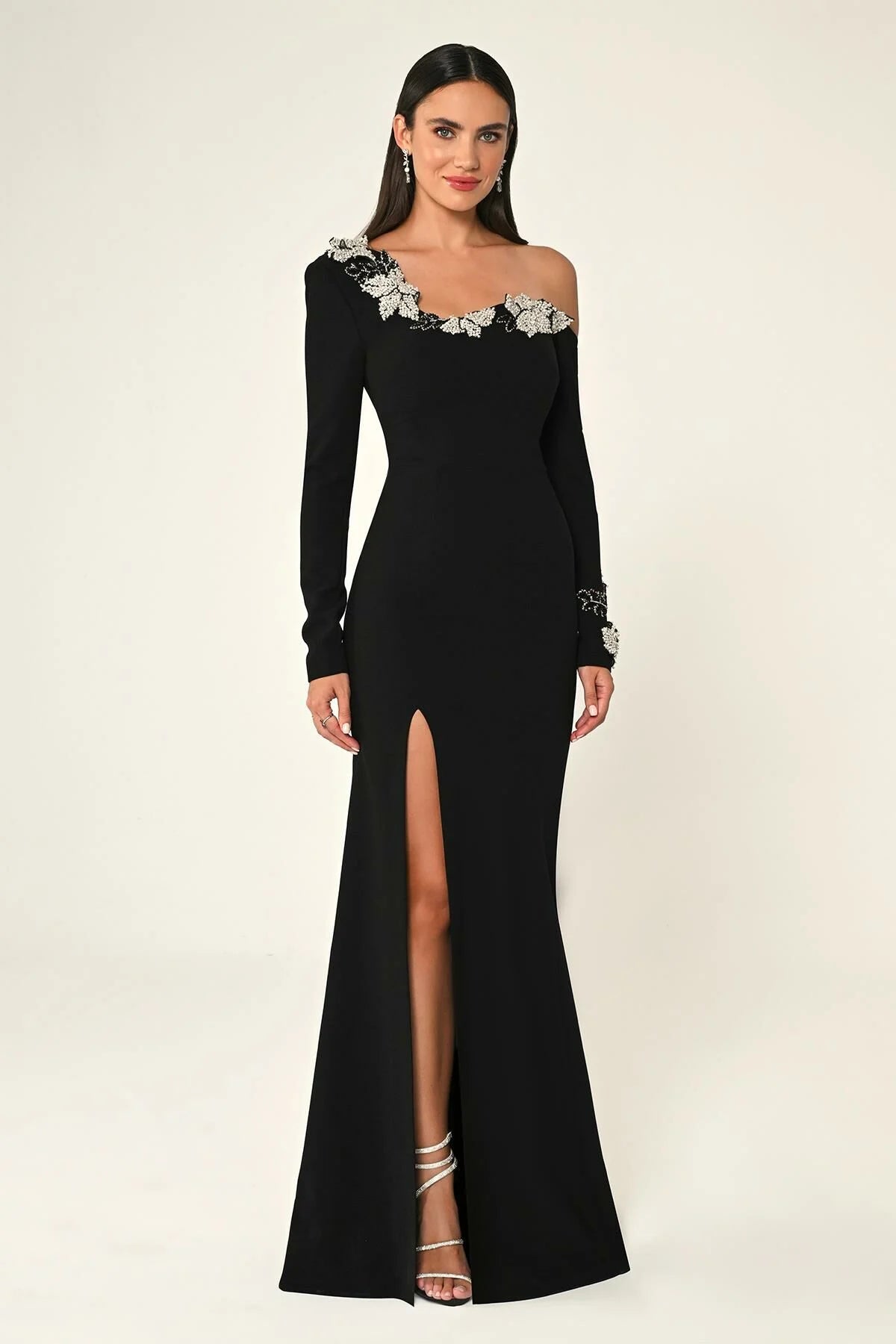 Silver Flowers Crepe Dress - Maxi - Black