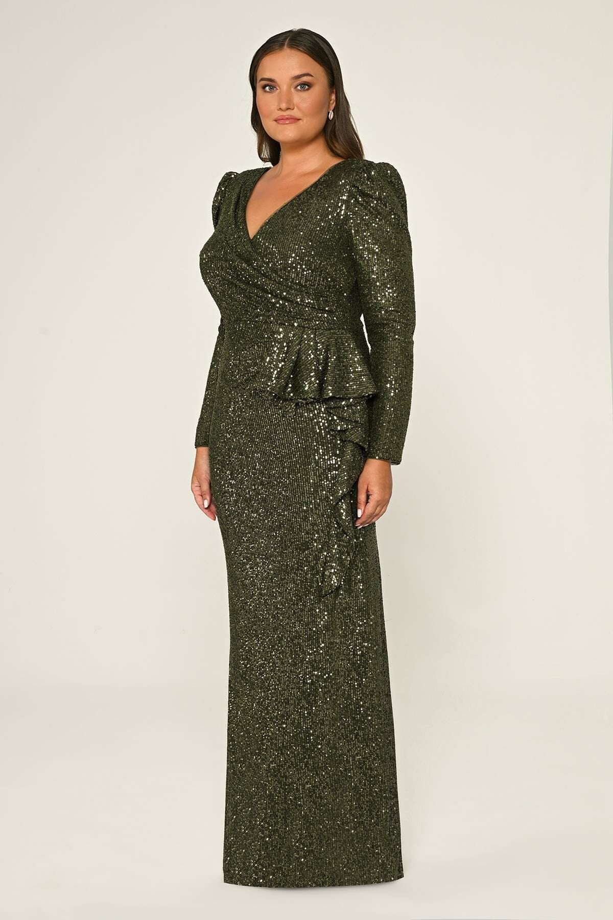 Plus Size -  Modest Maxi Sequin Dress - Multicolor
