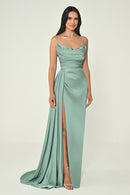 Boat Neck Satin Dress - Maxi - Multicolor
