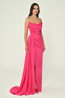 Boat Neck Satin Dress - Maxi - Multicolor
