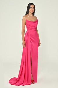 Boat Neck Satin Dress - Maxi - Multicolor