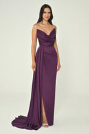 Boat Neck Satin Dress - Maxi - Multicolor