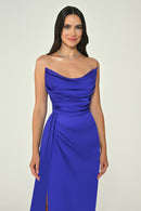 Boat Neck Satin Dress - Maxi - Multicolor