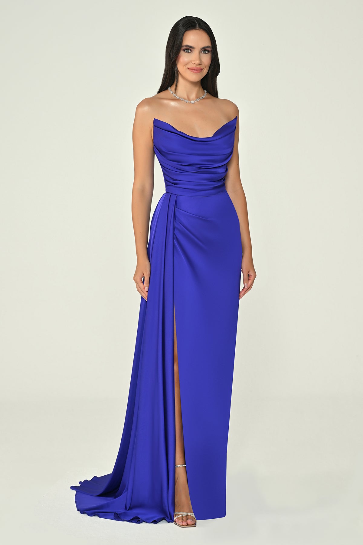 Boat Neck Satin Dress - Maxi - Multicolor