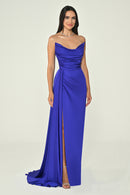 Boat Neck Satin Dress - Maxi - Multicolor