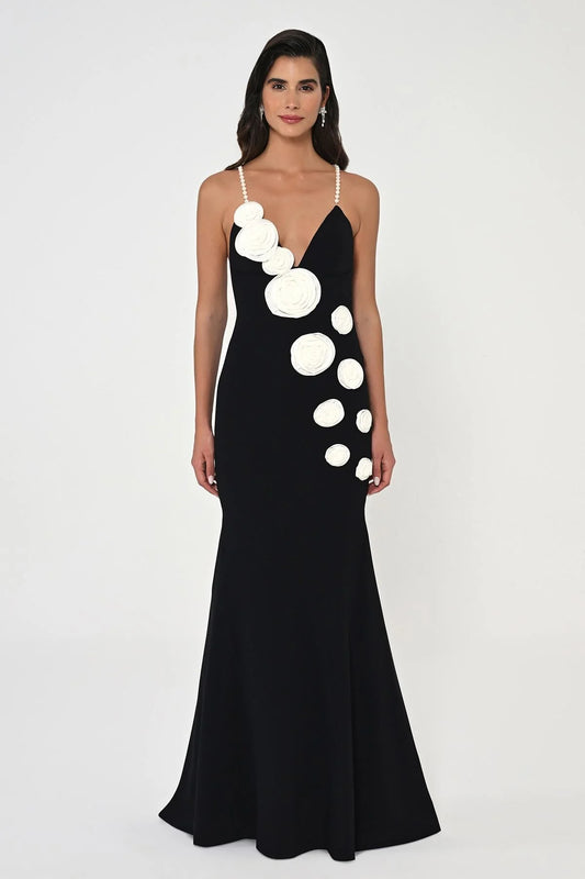 Pearls & White Flowers Maxi Dress - Black