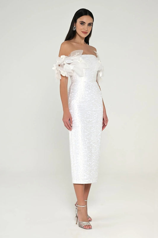 Midi Off Shoulder Jacquard Dress - White