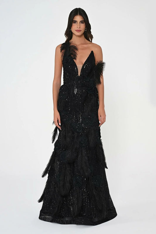 Feather & Flower Sequin Dress - Maxi - Black