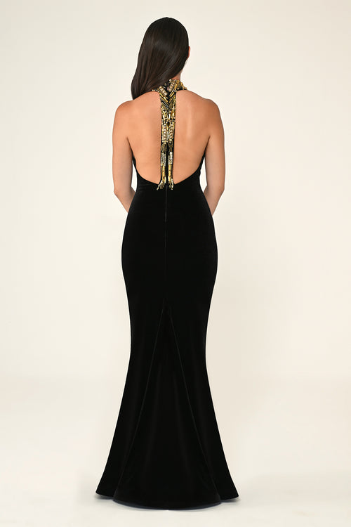 Golden Halter Velvet Dress - Maxi - Black