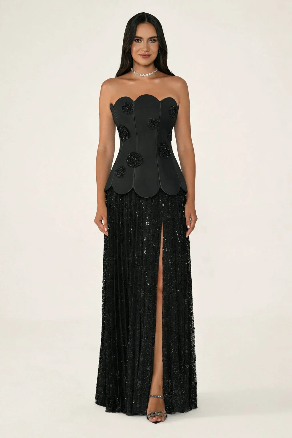 Rosette Corset Dress - Maxi - Black