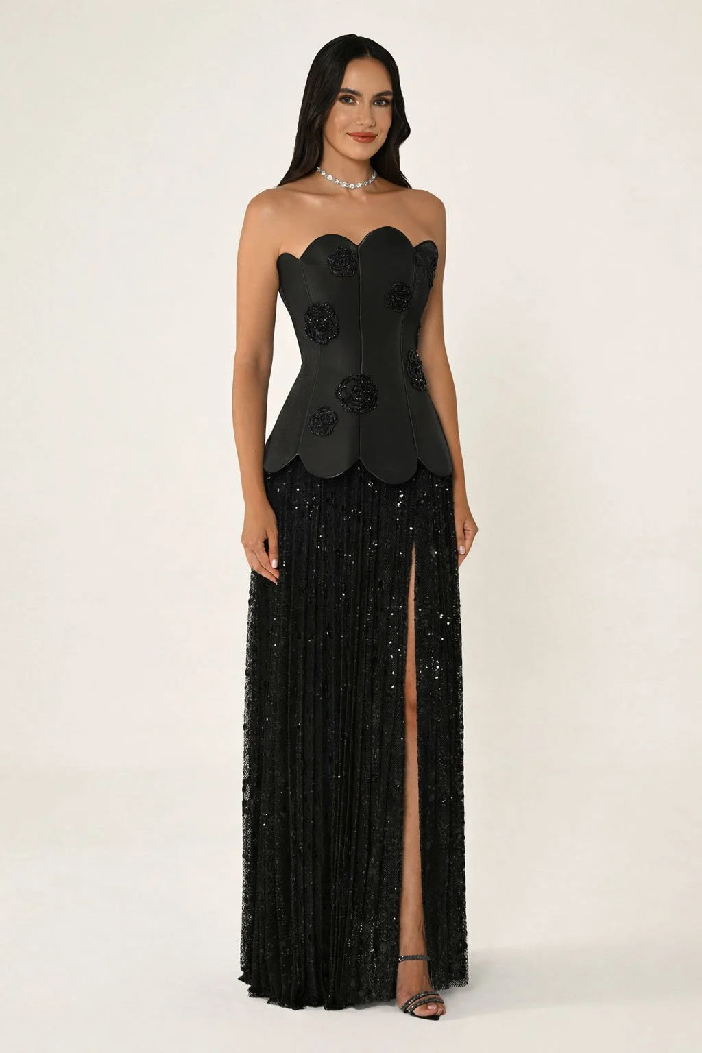 Rosette Corset Dress - Maxi - Black