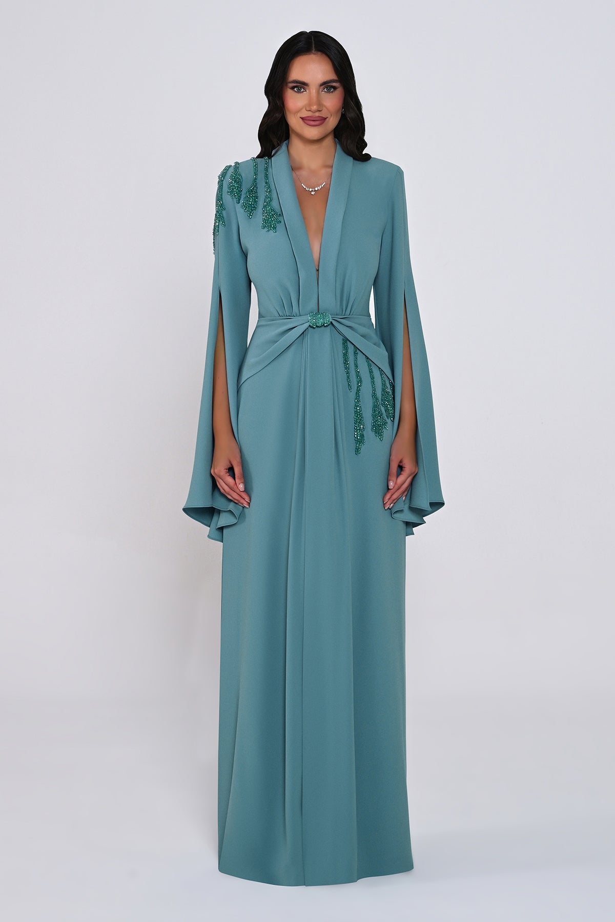 Aveline Noir Cape-Sleeve Dress - Maxi - Black