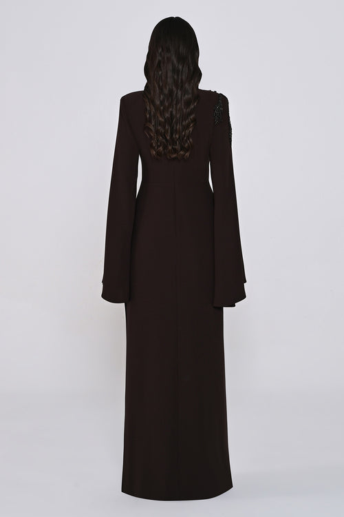 Aveline Noir Cape-Sleeve Dress - Maxi - Black