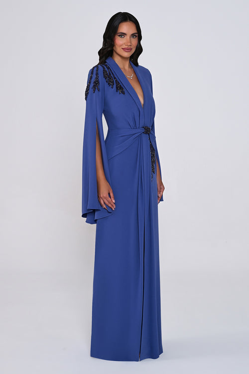Aveline Noir Cape-Sleeve Dress - Maxi - Black