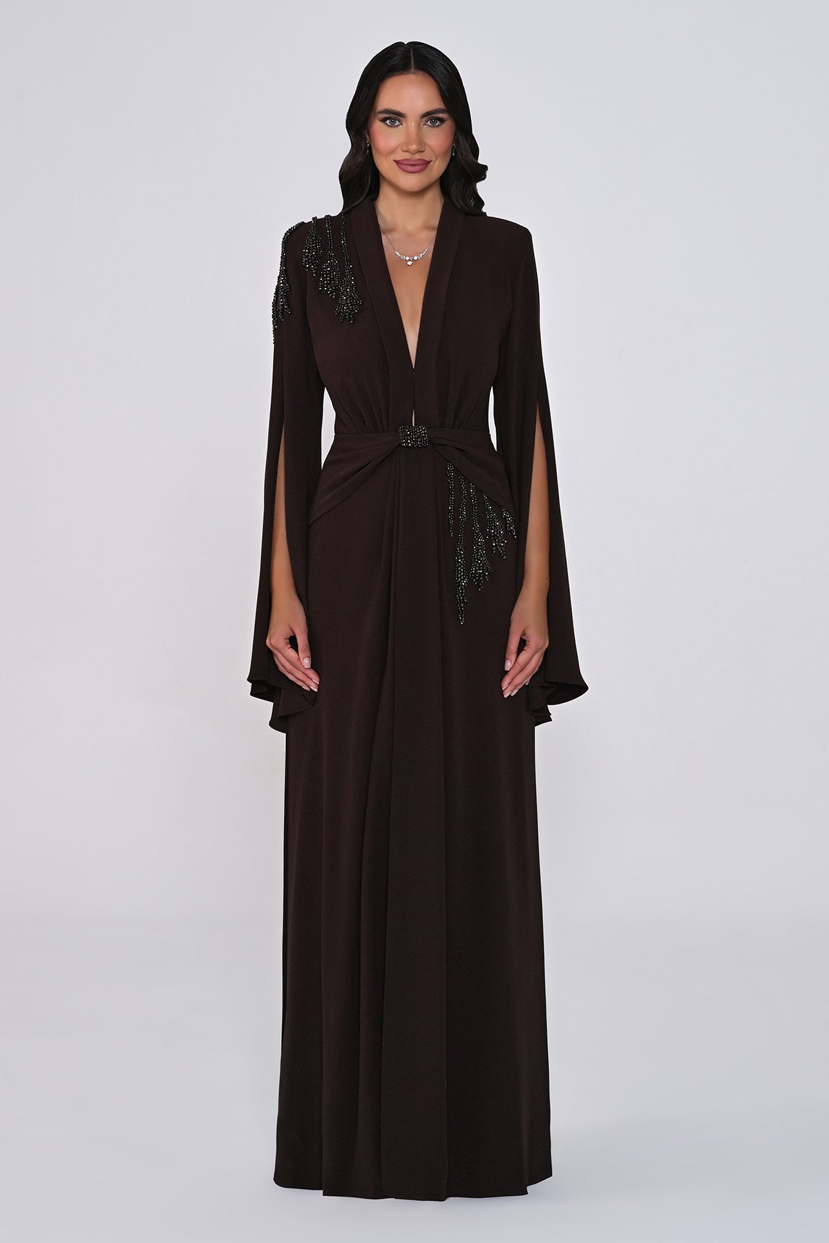 Aveline Noir Cape-Sleeve Dress - Maxi - Black
