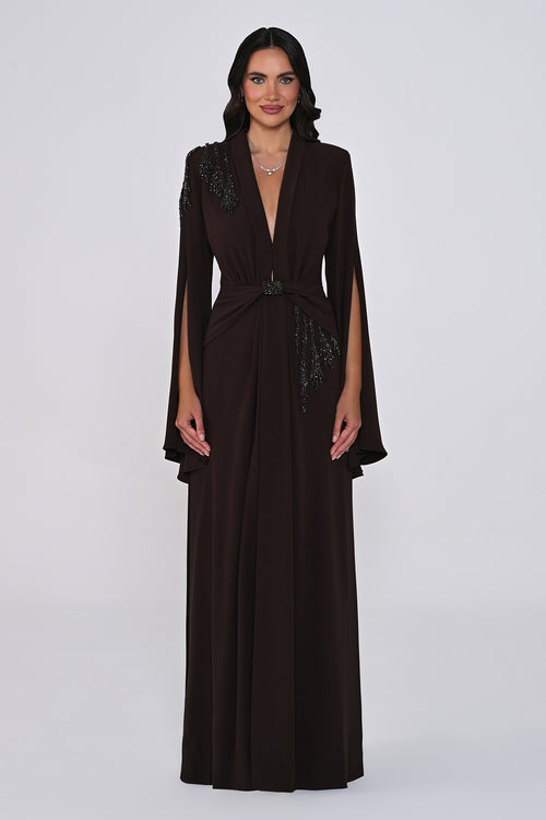 Aveline Noir Cape-Sleeve Dress - Maxi - Black