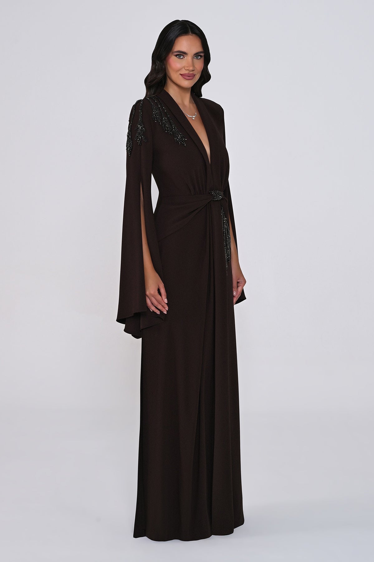Aveline Noir Cape-Sleeve Dress - Maxi - Black