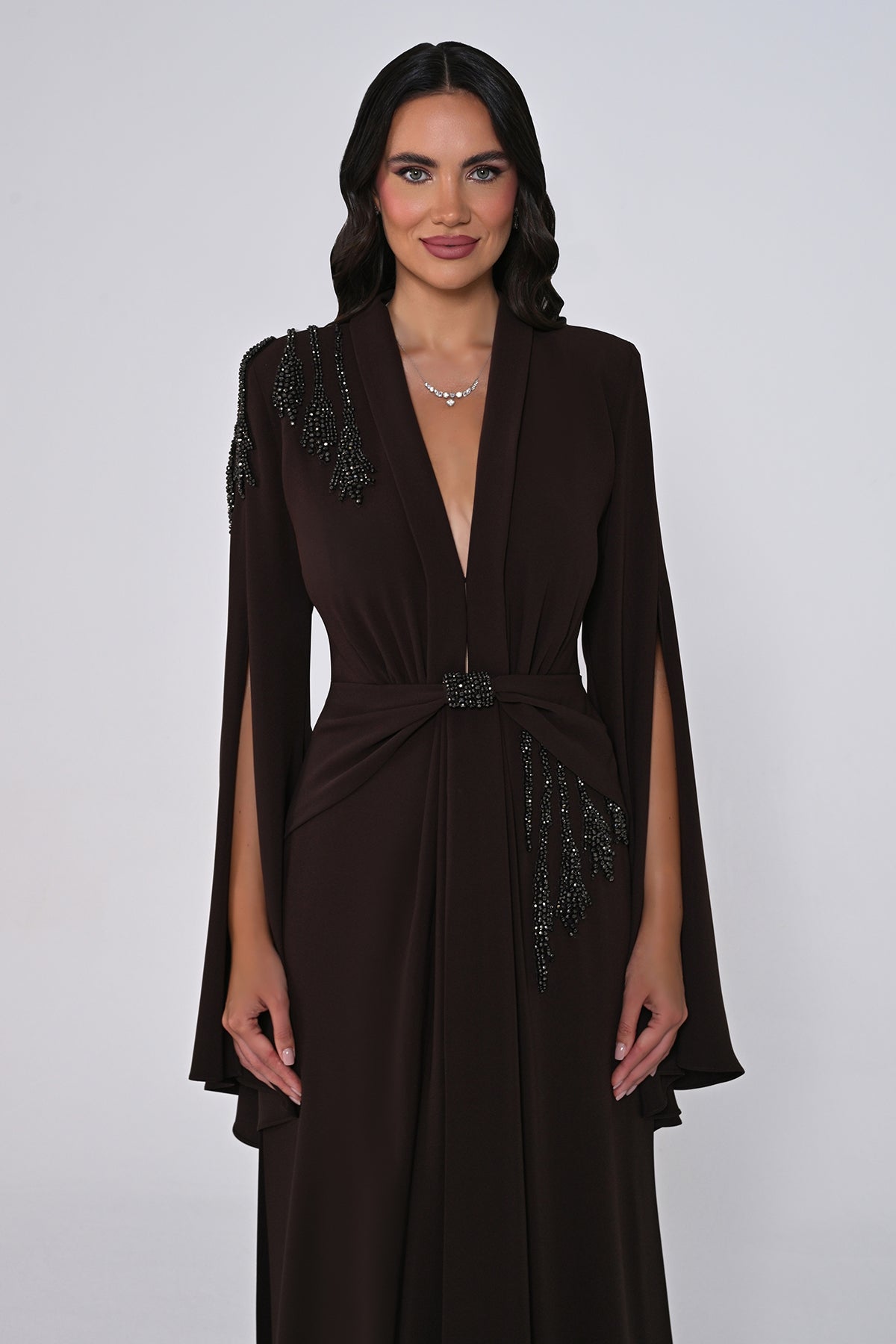 Aveline Noir Cape-Sleeve Dress - Maxi - Black