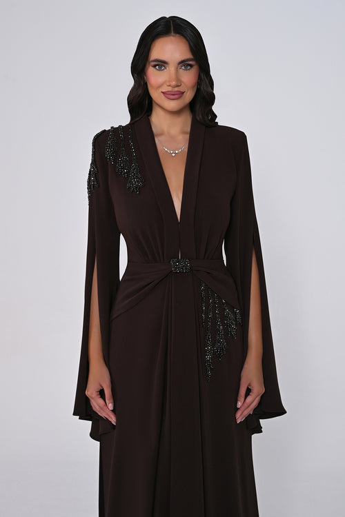 Aveline Noir Cape-Sleeve Dress - Maxi - Black