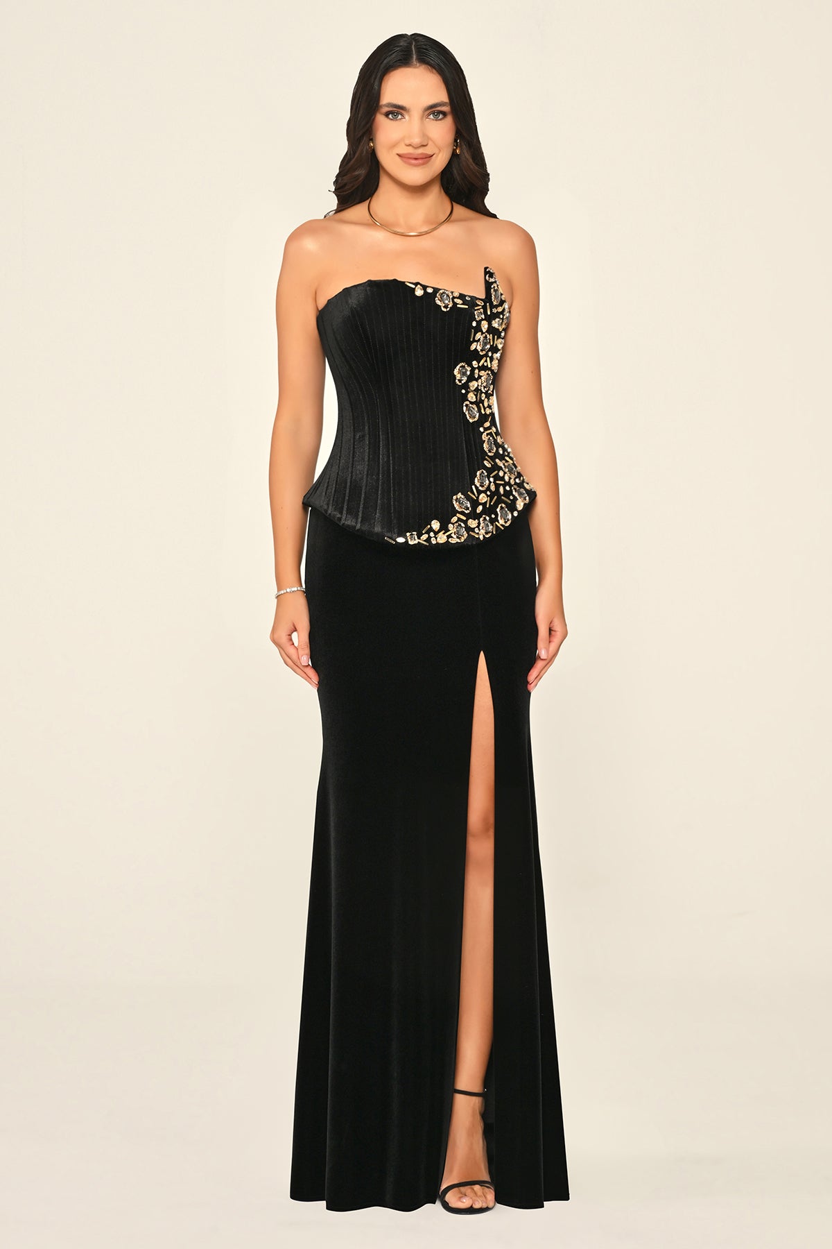 Elowen Corset Velvet Dress - Maxi - Black