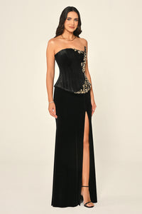 Elowen Corset Velvet Dress - Maxi - Black