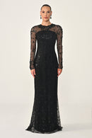 Black sequin evening gown on a white background