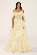 Rosanthe yellow off-shoulder maxi evening dress with ruffled organza tiers and draped bodice